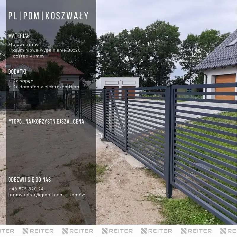 Ogrodzenie poziome z bramami przesuwnymi, furtkami, przeslami - Koszwaly, gmina Cedry Wielkie, powiat gdanski