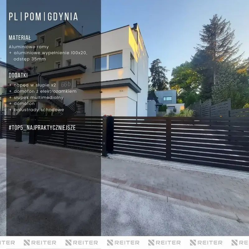 nowoczesne poziome ogrodzenie ze slupkiem multimedialnym i bramami przesuwnymi montazem w trojmiescie, gdyni gdynia 3