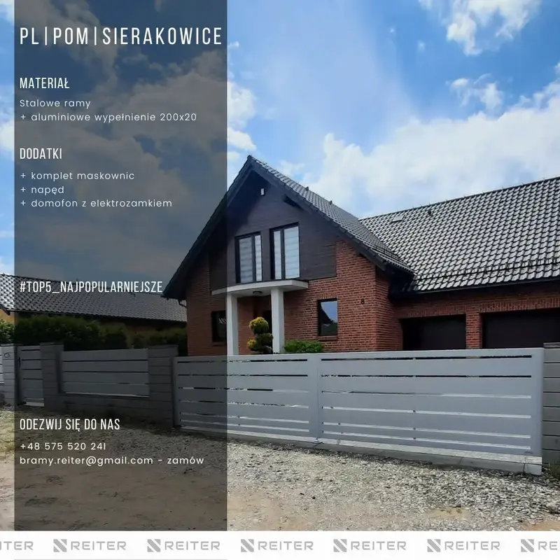 poziome aluminiowe ogrodzenie z szerokich profili zamontowane razem z automatyczna brama wjazdowa na murach w sierakowicach sierakowice